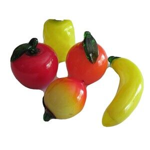 Lot Of 5 Vintage Glass Art Fruits Decor Apple Orange Pineapple Banana Peach